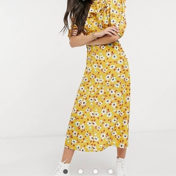 ASOS DESIGN frill neck midi tea dress in yellow floral print open back size‎ 4 - Picture 1 of 15